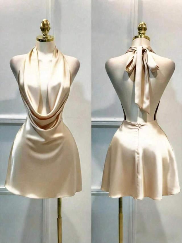 champagne satin halter neck mini dress