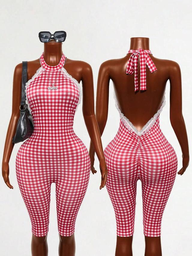 red and white gingham halter playsuit with lace trim