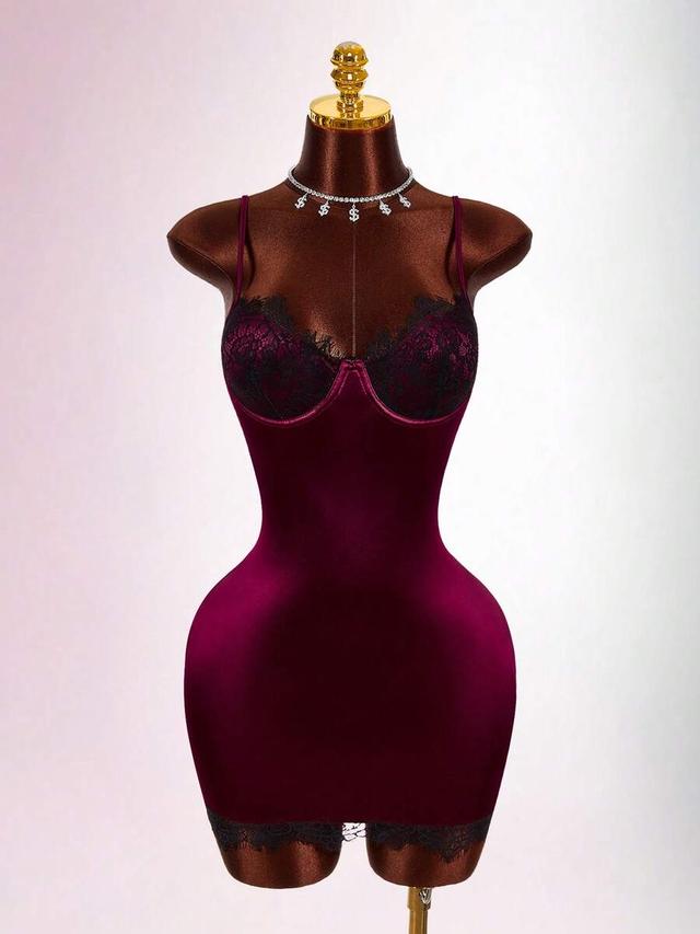 satin mini dress with contrast lace cups