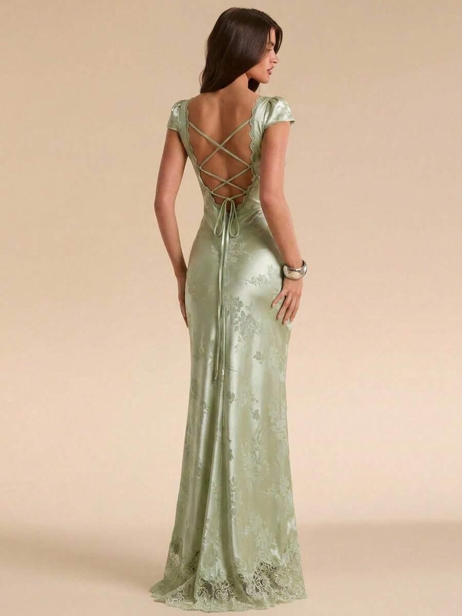 green satin jacquard lace patchwork v-neck maxi dress