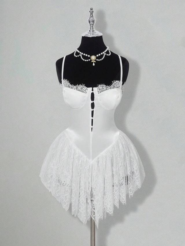 lace-trimmed satin pointed hem white mini dress