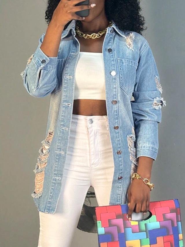 distressed light wash denim shirt jacket