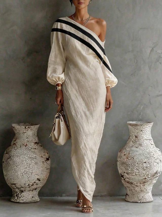 light apricot textured asymmetric off-shoulder loose long dress