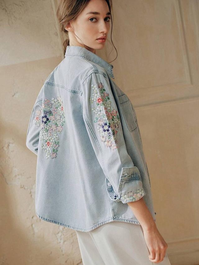 light wash denim shirt with floral embroidery