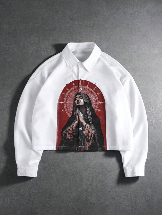 white long sleeve button down shirt with religious print
