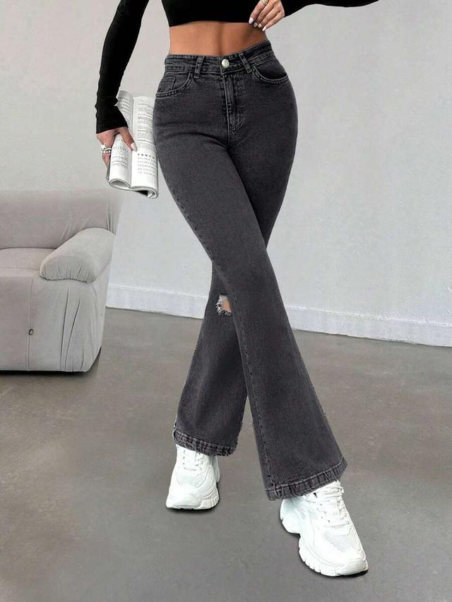 women's high-waisted washed black flared jeans