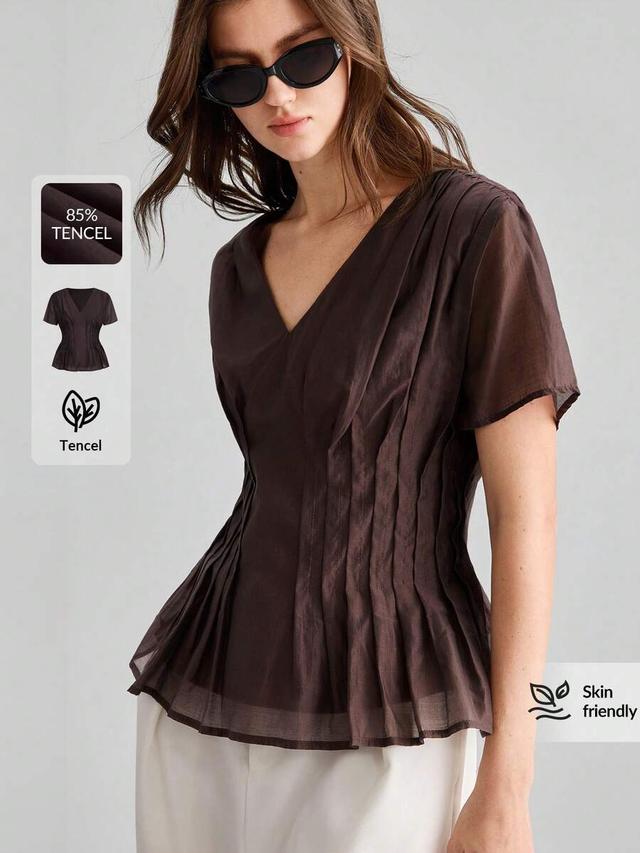 brown tencel v-neck blouse with vertical ruched detailing