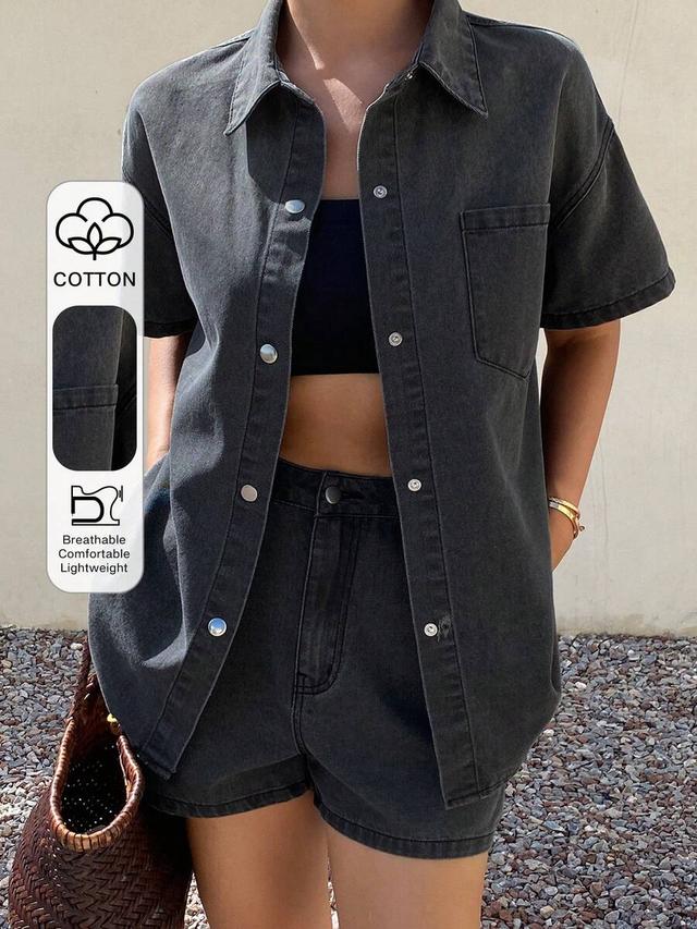 dark gray denim shirt and shorts set