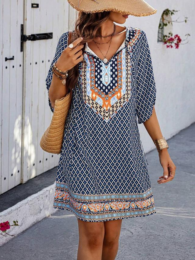 geometric printed notched neck casual shift dress