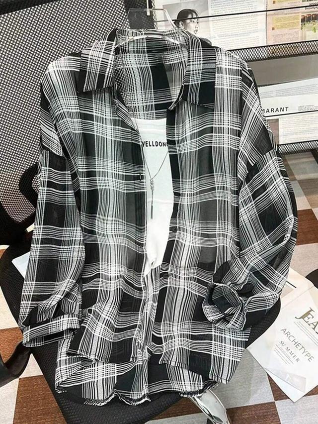 lightweight black and white plaid casual shirt