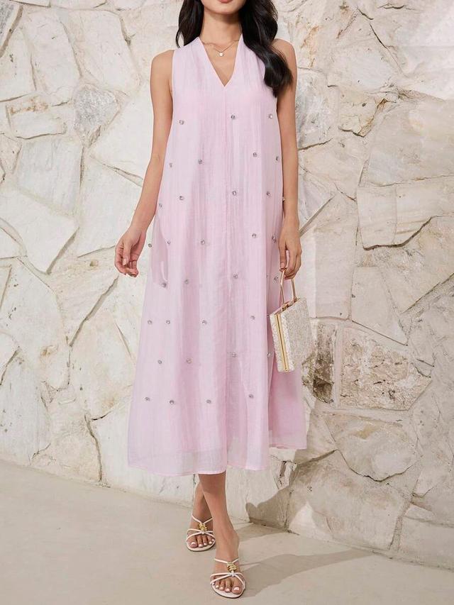 light pink sleeveless mid-length rhinestone decorated dress
