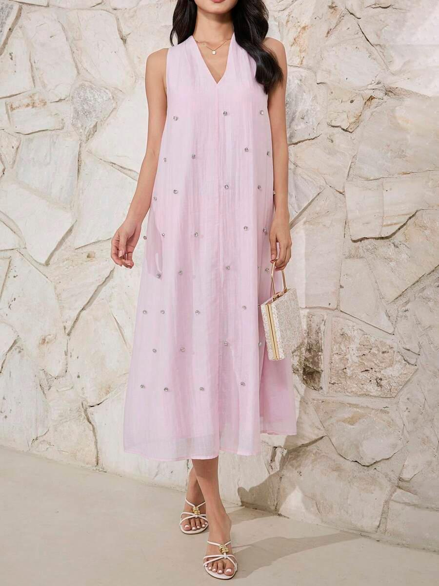light pink sleeveless mid-length rhinestone decorated dress