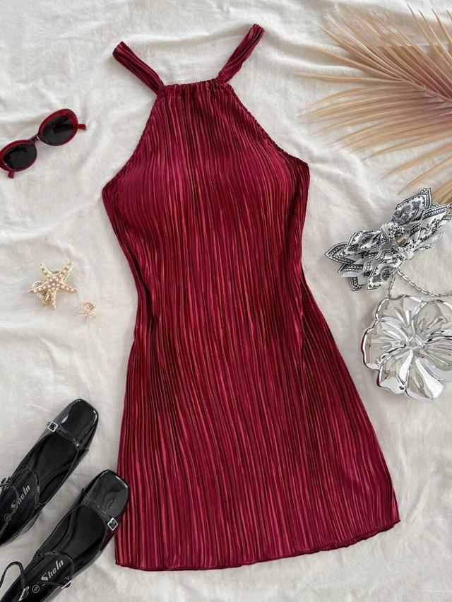 soleia halter neck fitted pleated mini dress