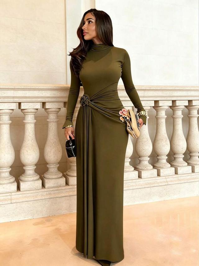 high neck long sleeve olive knit bodycon dress