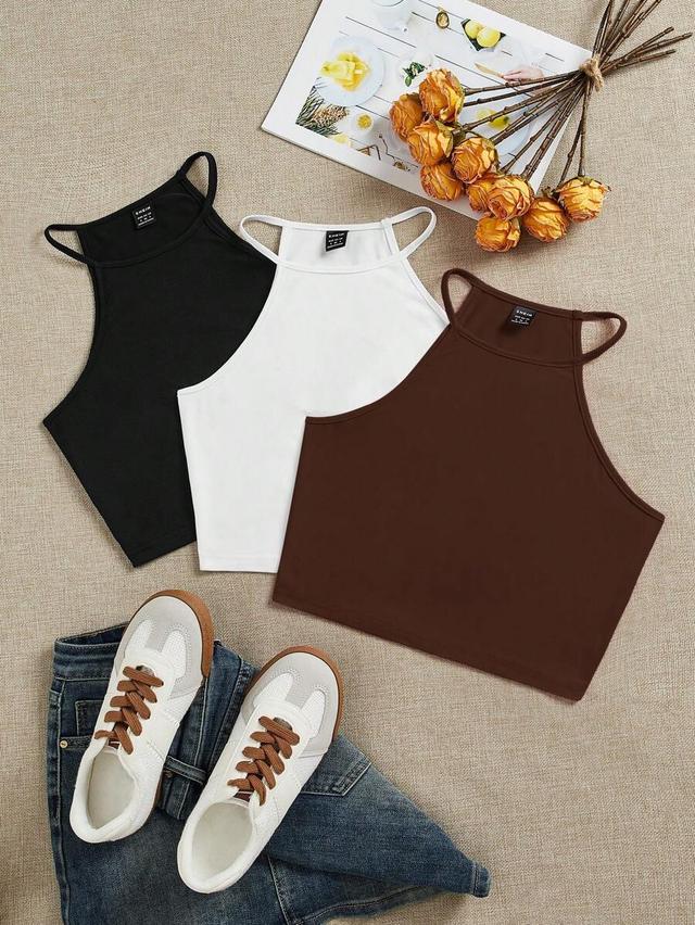 black simple brown halter neck crop camisole top