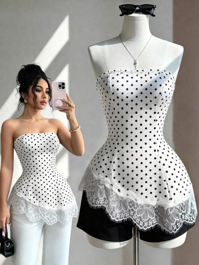 strapless french retro polka dot lace asymmetric top