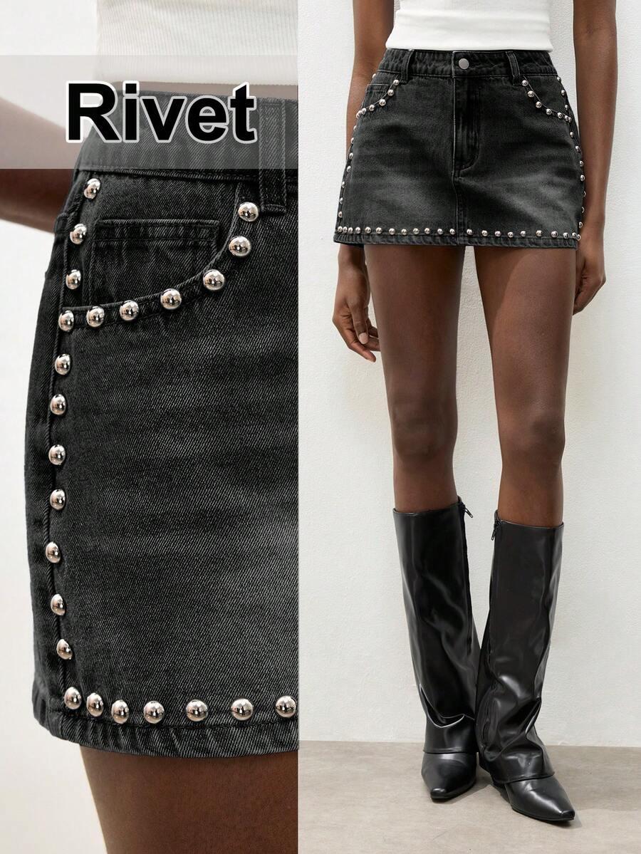 black denim mini skirt with silver rivet detailing
