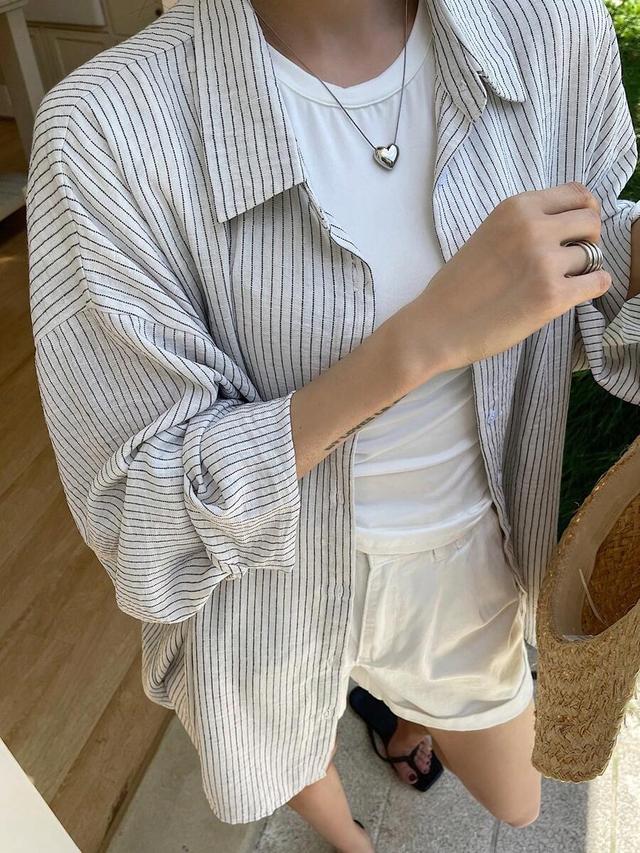 dazy women striped print button front loose shirt