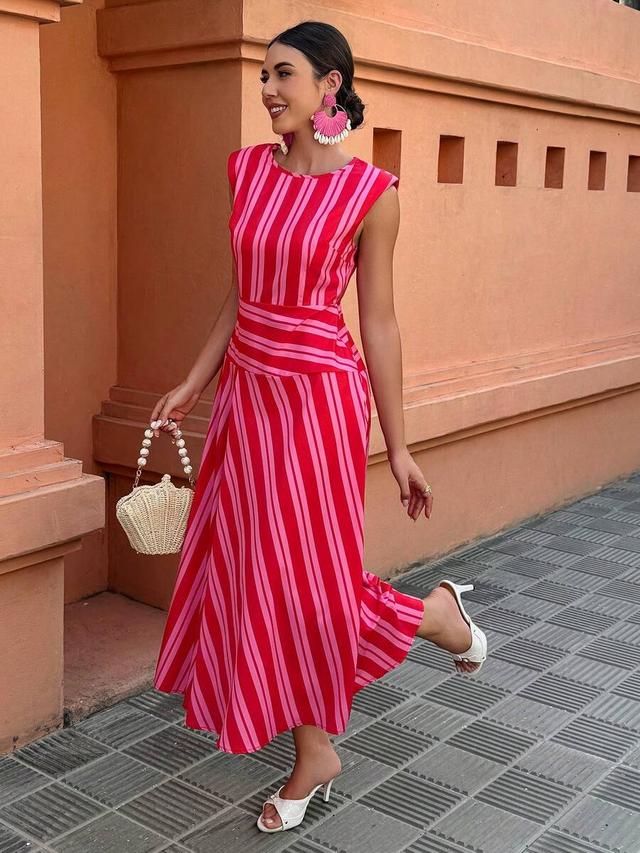 flora isola red pink striped relaxed a-line dress