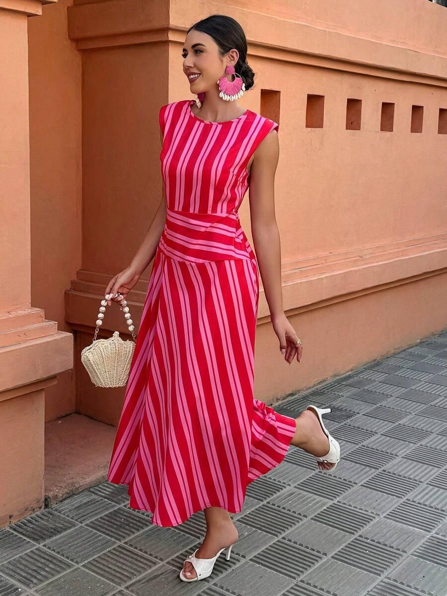 flora isola red pink striped relaxed a-line dress