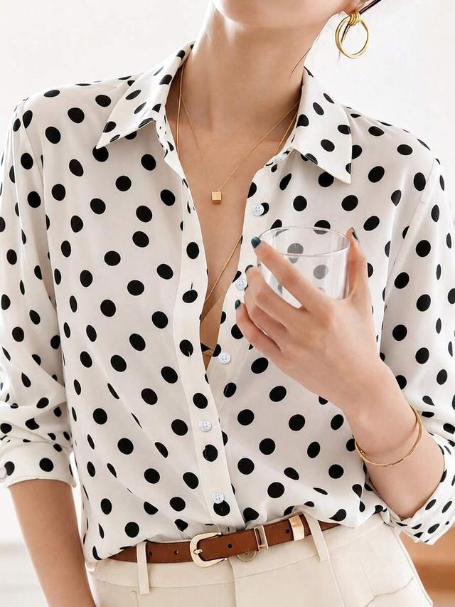loose long sleeve polka dot button-up blouse