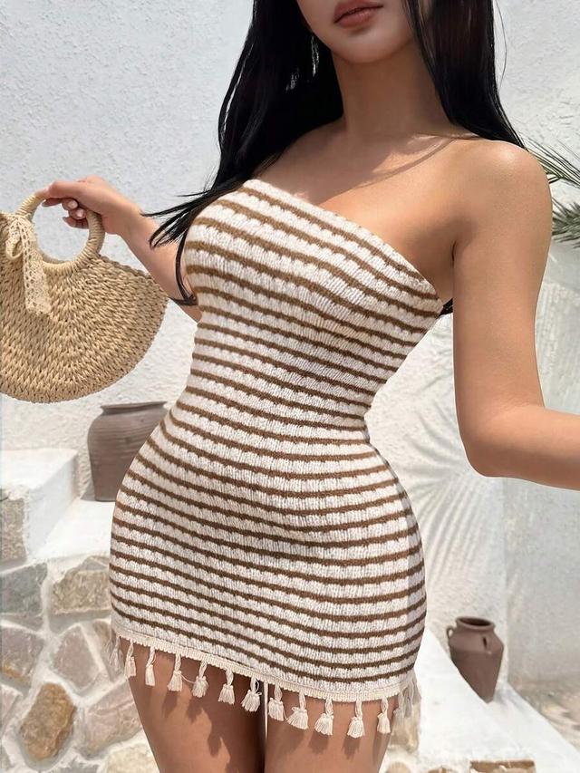 brown and white striped textured bandeau tassel dress