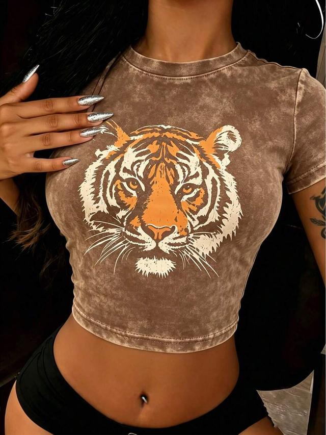 brown acid wash tiger graphic crop top