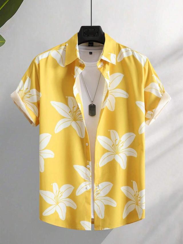 yellow floral print short sleeve casual shirt