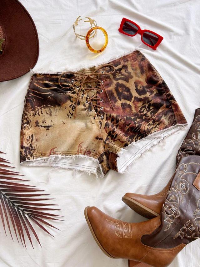 vintage leopard print criss-cross tie denim shorts
