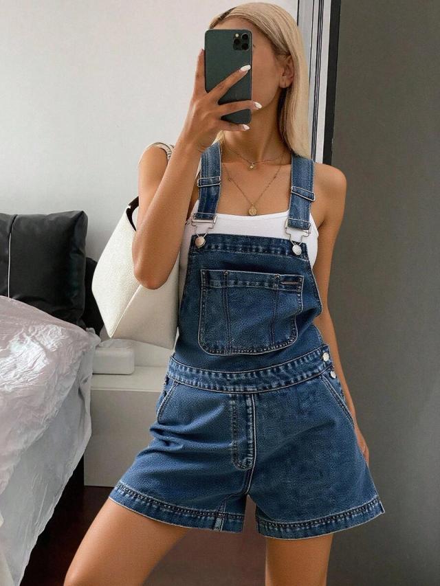 classic blue denim short overalls