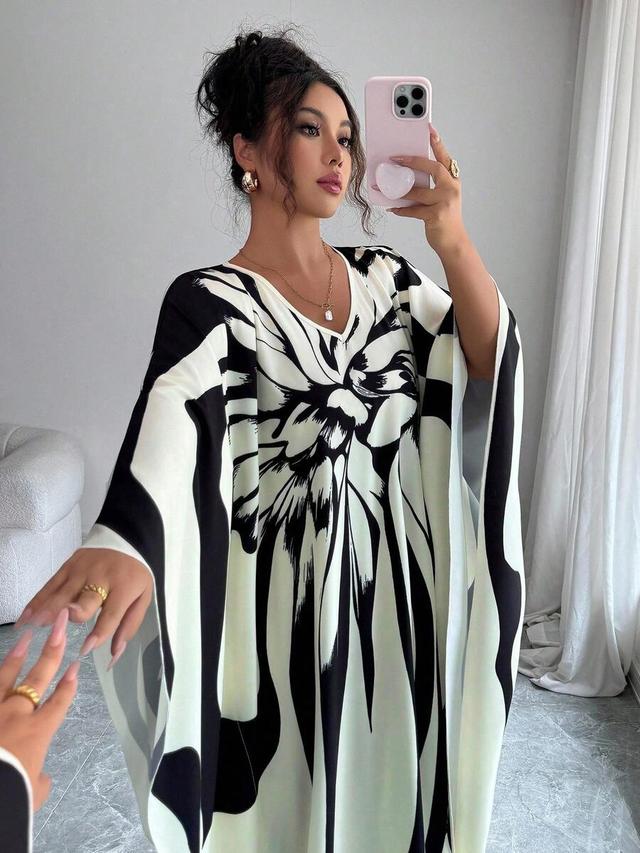 floral print striped v-neck batwing sleeve loose dress