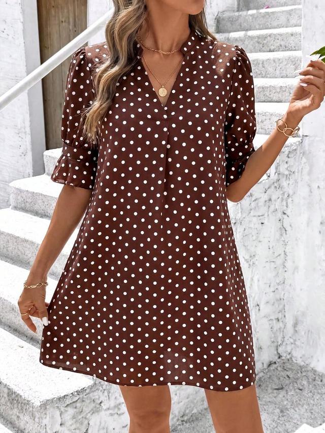 brown and white polka dot shift dress