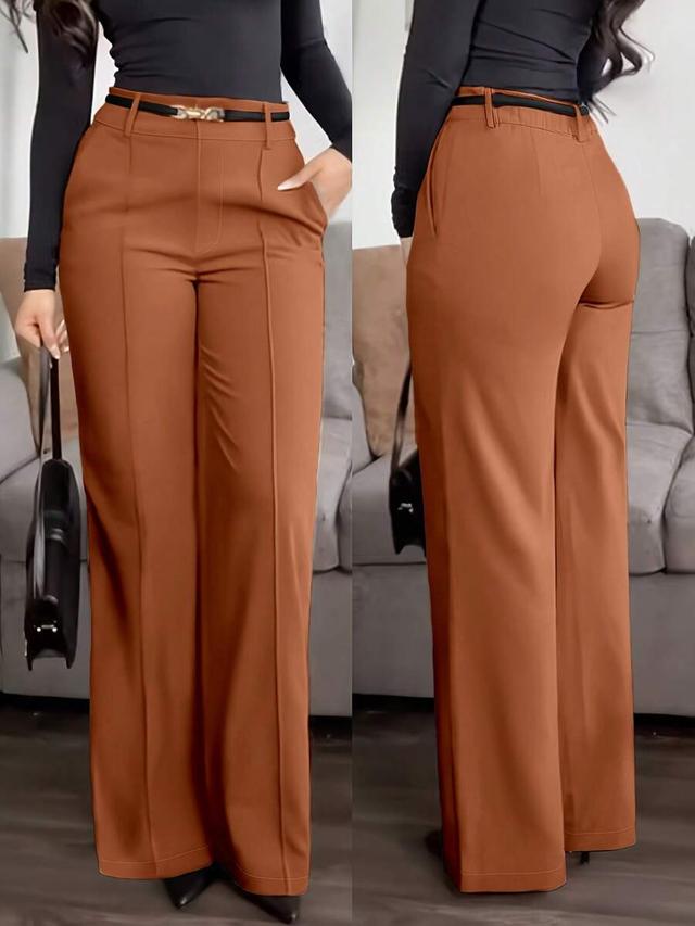 solid brown high-waisted wide-leg office trousers