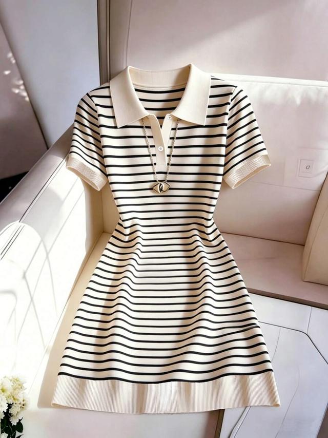 striped knit polo dress with ribbed collar