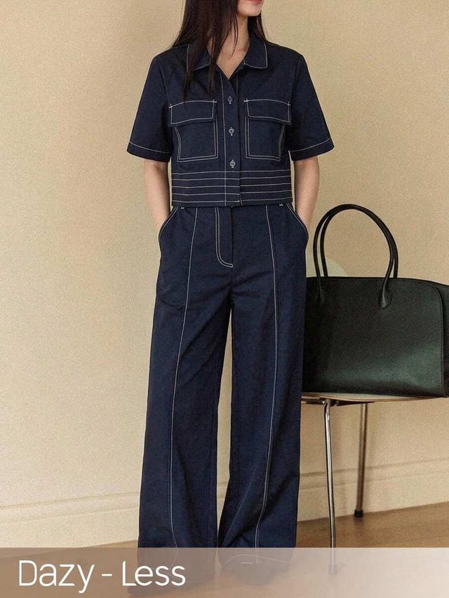 navy cotton co-ord set with contrast white topstitching