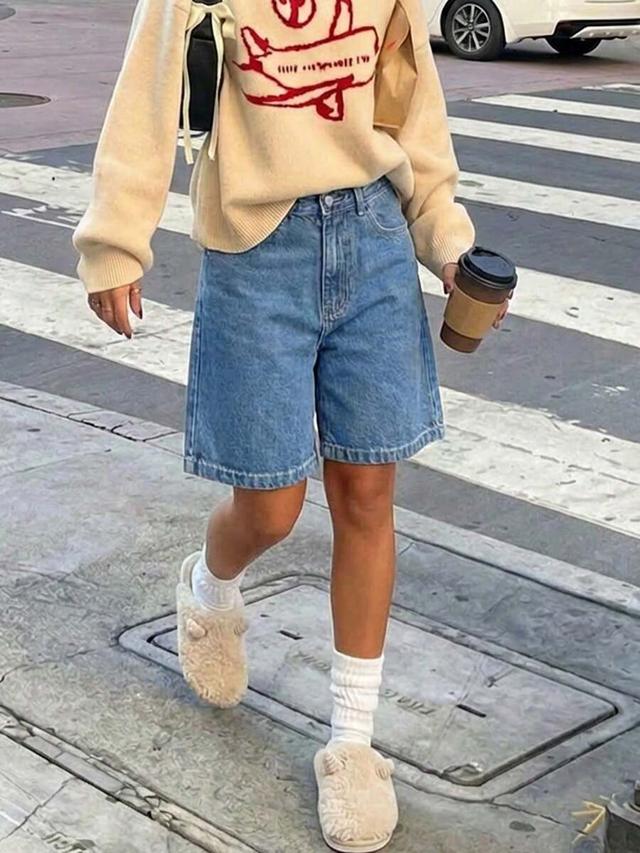women's casual knee-length wide leg loose bermuda denim shorts