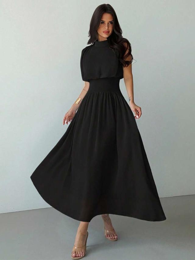 black high neck cinched waist a-line maxi dress