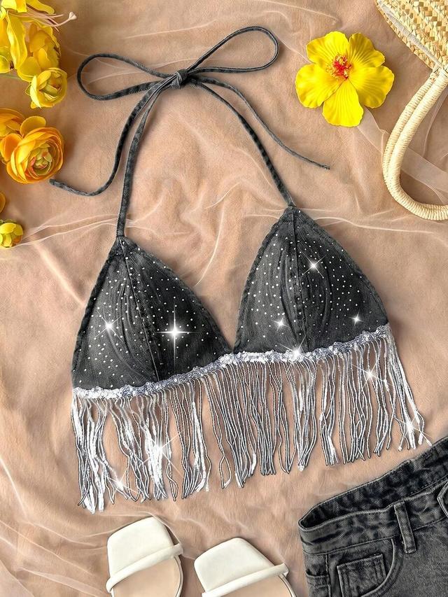 sequin tassel hem dark grey denim halter crop top