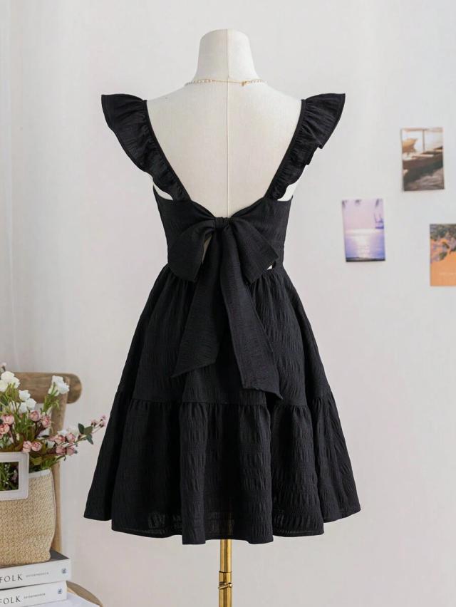 soleia cute black ruffle tie back mini dress