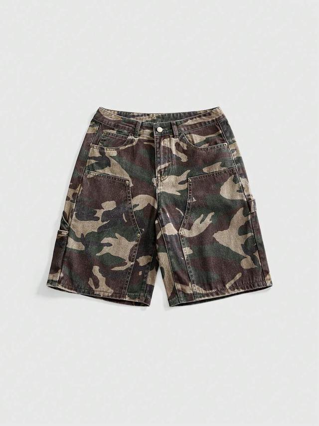 camo print denim utility shorts with rivet detailing