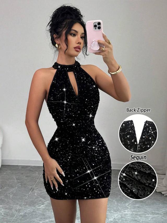 black sequin halter neck sleeveless bodycon mini dress