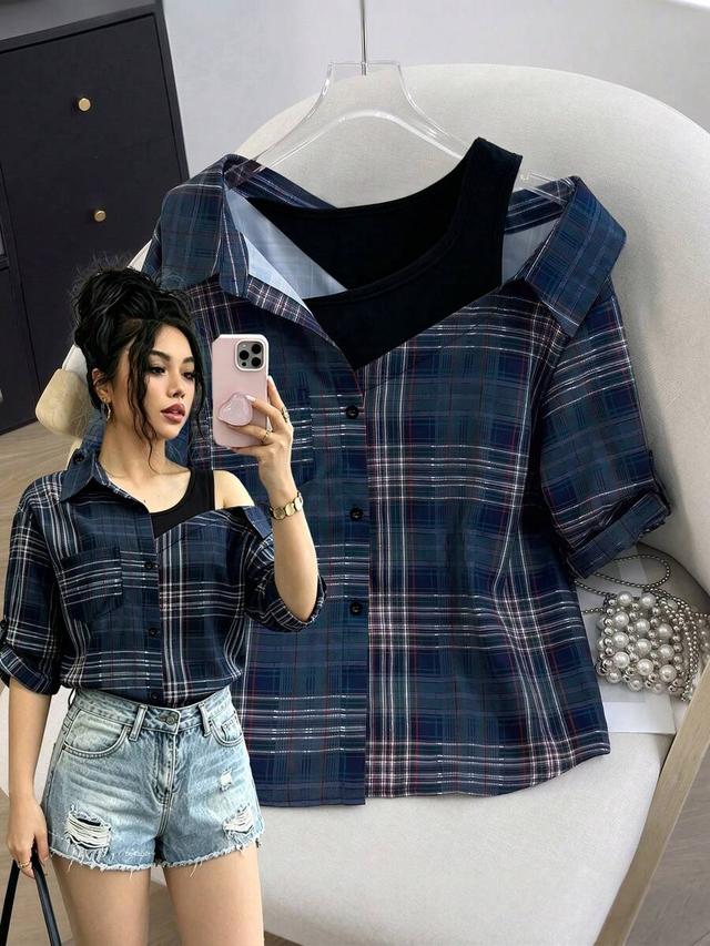 plaid cold shoulder shirt with integrated camisole
