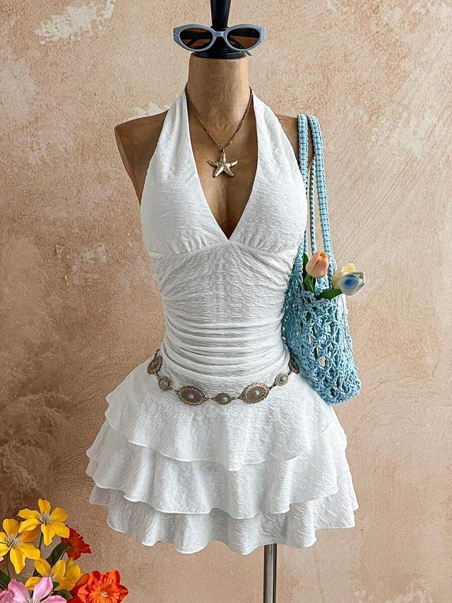 white textured v-neck ruched tiered mini dress