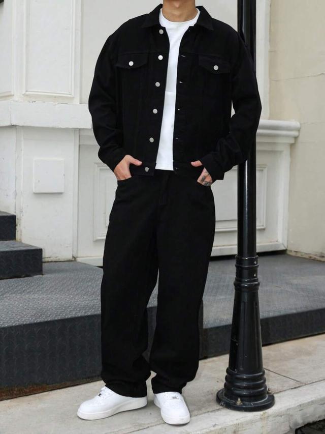 dark blue denim casual jacket and loose fit pants set
