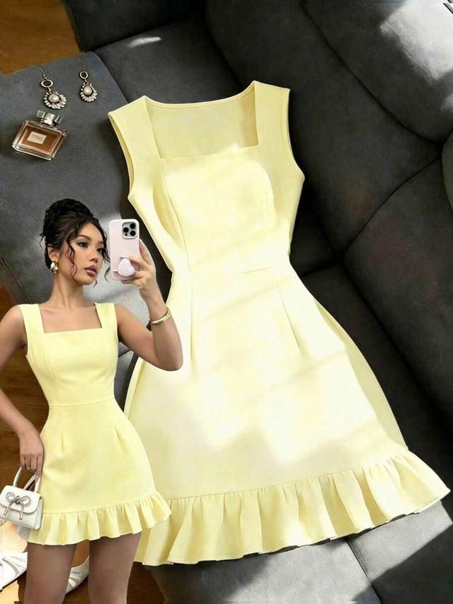 yellow square neck sleeveless ruffle hem dress