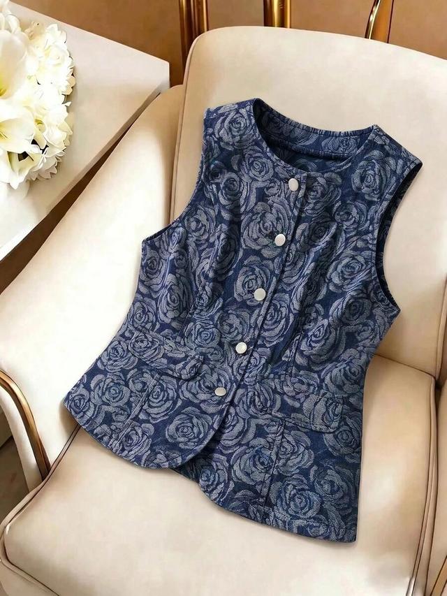floral print sleeveless denim vest