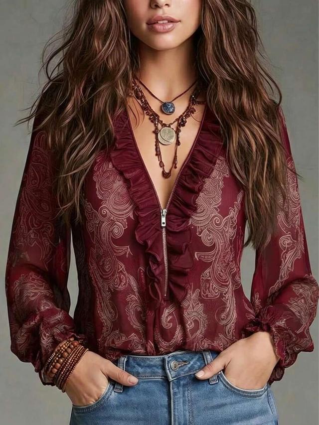 burgundy baroque paisley floral ruffle zip chiffon blouse
