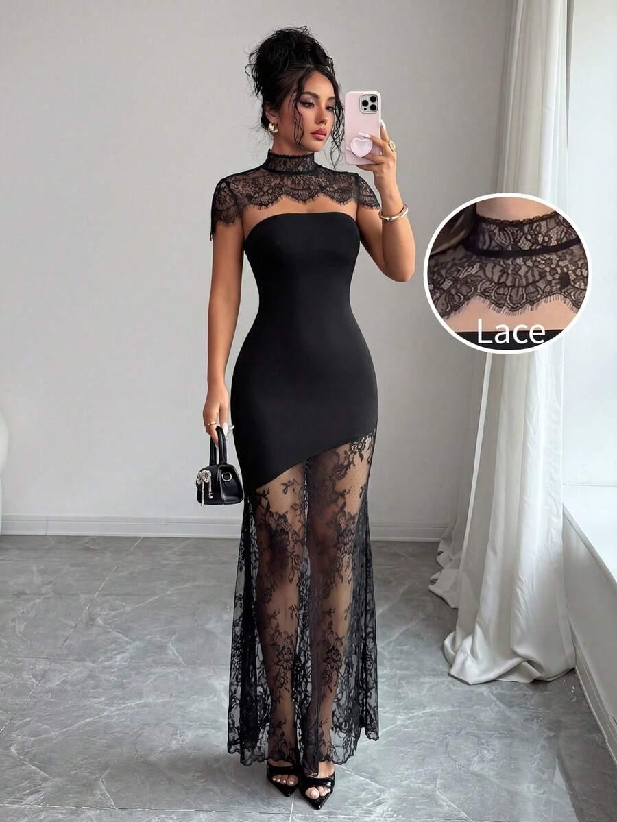 black lace patchwork stand collar bodycon dress