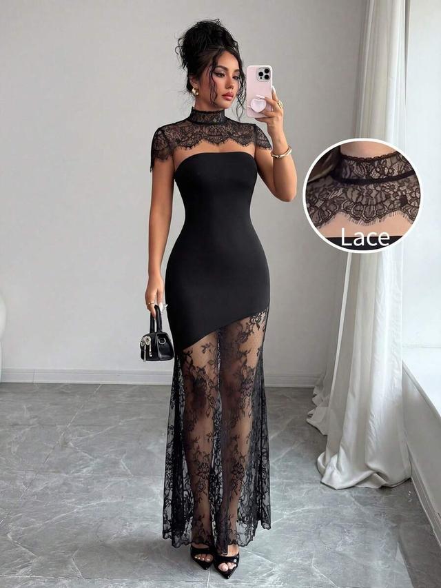 black lace patchwork stand collar bodycon dress