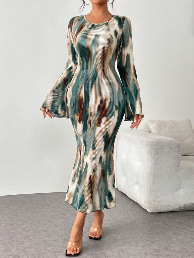 green tie dye pleated cinched waist maxi dress